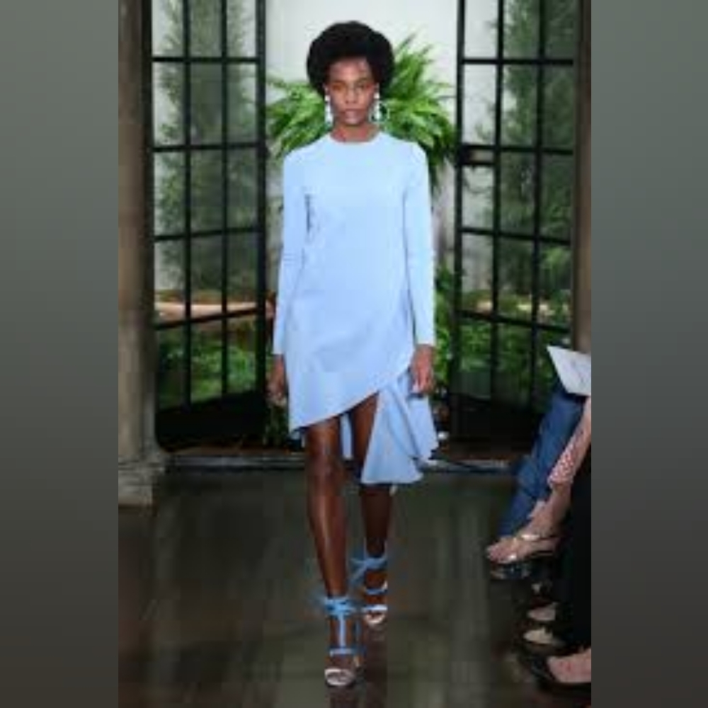 $2,428 OSCAR DE LA RENTA BLUE WOOL RUFFLE DRESS 8